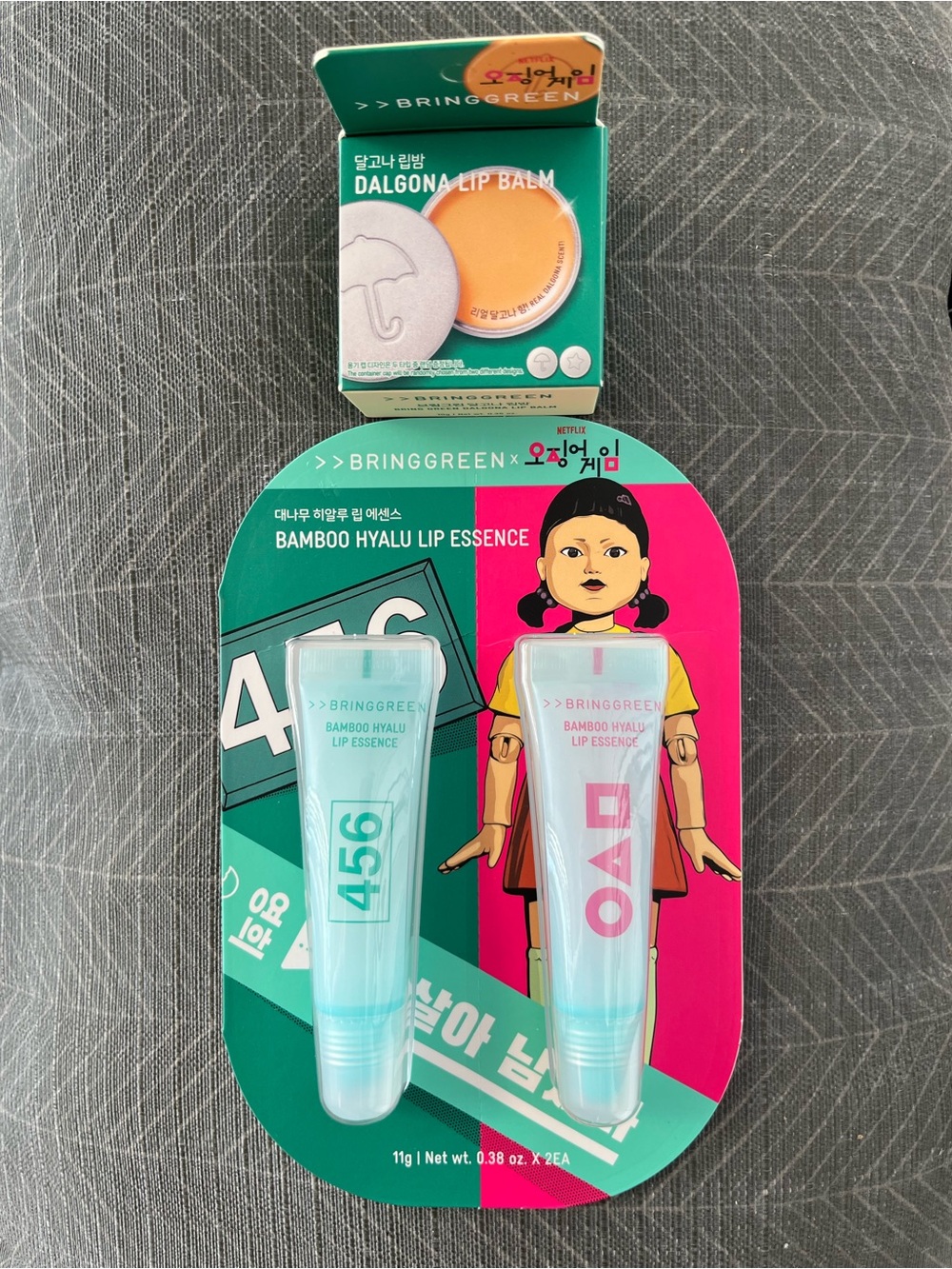 NWT BringGreen Squid Game Bamboo Hyalu Lip Essence & Dalgona Lip Balm Duo 💋🦑☂️